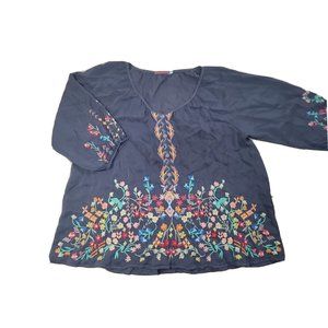 Johnny Was Sarah Blouse C16319-2 Cupra Rayon Medium Top Blue Floral Embroidered
